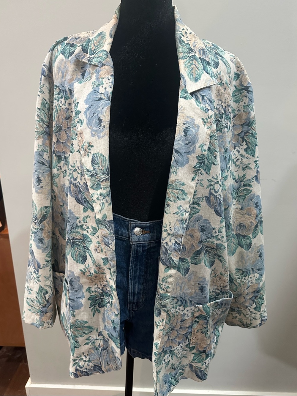 Vintage Nina Eliot Floral Linen-Blend Open Front Jacket - Blue & Cream